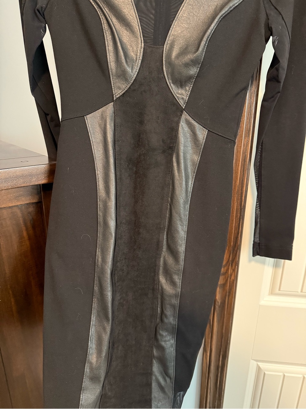 BCBGMaxAzria Black Long-Sleeve Faux-Leather Panel Bodycon Dress - Picture 6 of 7